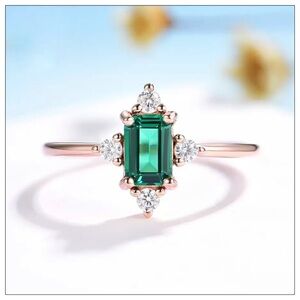 New Rose Gold Plated Sterling Silver Rectangular Emerald Gemstone Ring